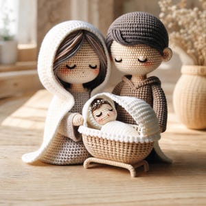 Puede incluir: Un conjunto de tres muñecos de ganchillo amigurumi que representan una familia. Una figura lleva una capa blanca con capucha, otra una prenda marrón con capucha y un pequeño bebé descansa en una cuna de ganchillo beige y blanca con dosel.