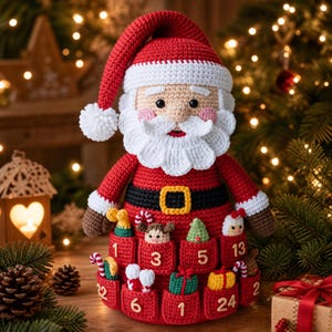 May include: A crocheted Santa Claus advent calendar featuring a red suit, white beard, and a hat with a pom-pom. The base includes multiple red pockets, each labeled with a wooden number, containing small crocheted holiday-themed ornaments.