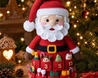 May include: A crocheted Santa Claus advent calendar featuring a red suit, white beard, and a hat with a pom-pom. The base includes multiple red pockets, each labelled with a wooden number, containing small crocheted holiday-themed ornaments.