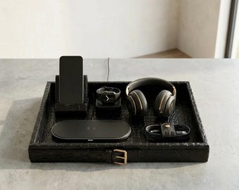 Luxury Desk Organizer Tray, Leather Catchall Tray, Phone Watch Holder, Wireless Charging Station, Gift for Him