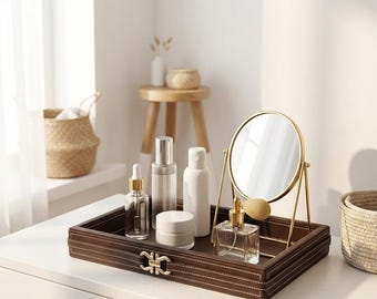 Brown Faux Leather Vanity Tray, Decorative Organizer Tray, Perfume Display Tray, Bathroom Counter Tray, Luxury Home Decor, Dresser Organizer