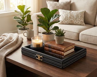 Black Faux Leather Tray, Decorative Coffee Table Tray, Ottoman Tray, Rectangular Catchall Tray, Luxury Home Decor Organizer