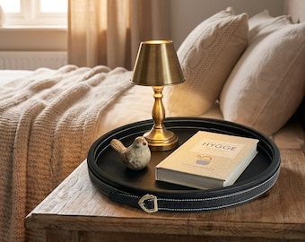 Faux Leather Round Tray, Decorative Ottoman Tray, Coffee Table Organizer, Bedside Catchall Tray, Modern Home Decor, Luxury Serving Tray