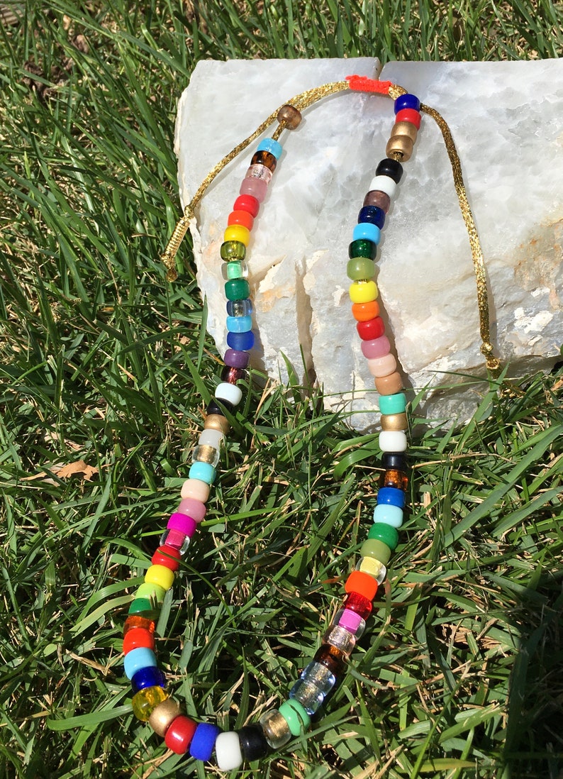Adjustable Necklace Glass Pony Bead Necklace Big bead bracelet handmade rainbow necklace Pony Beads Big Bead Necklace 24k gold beads