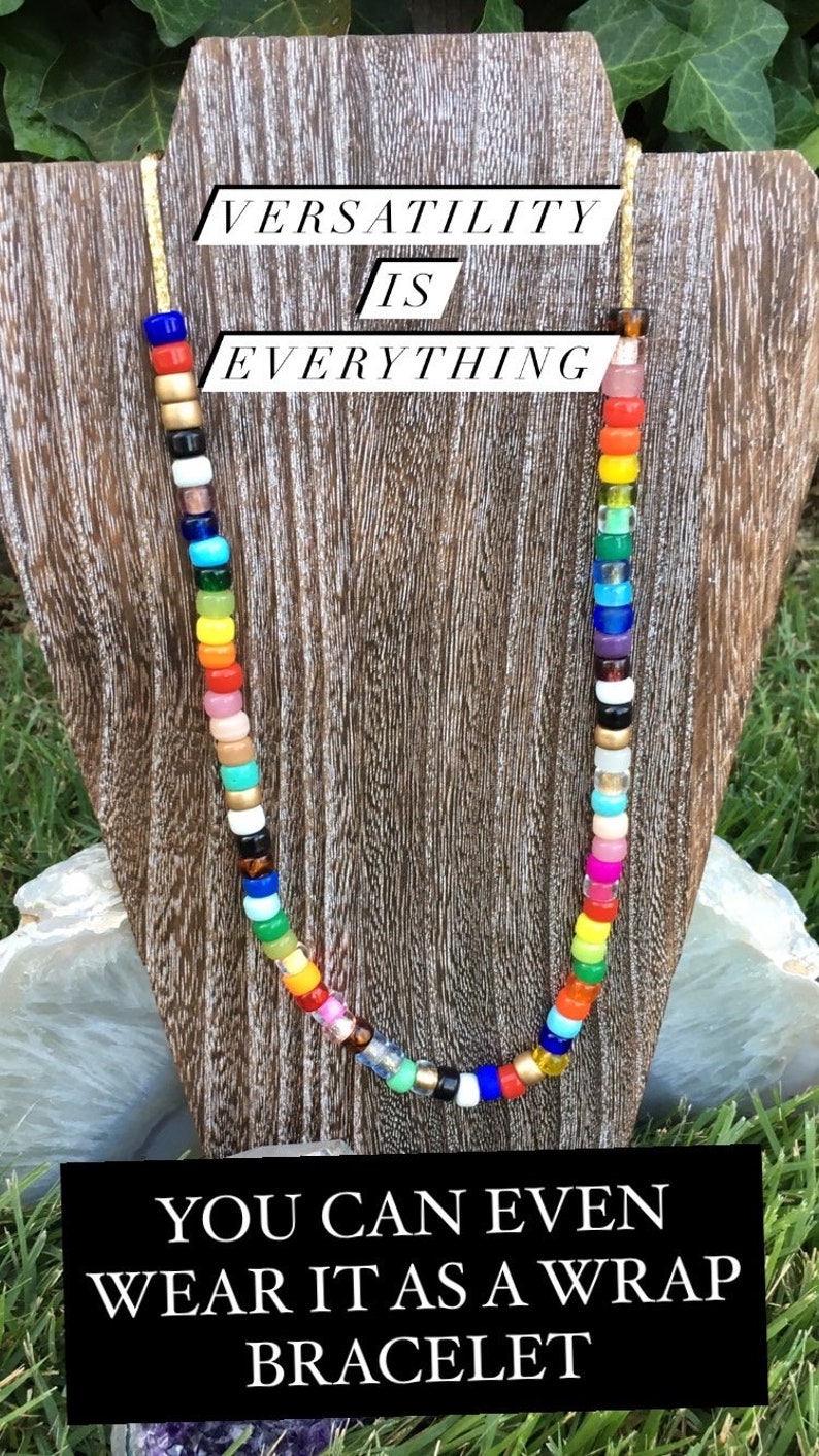 Adjustable Necklace Glass Pony Bead Necklace Big bead bracelet handmade rainbow necklace Pony Beads Big Bead Necklace 24k gold beads