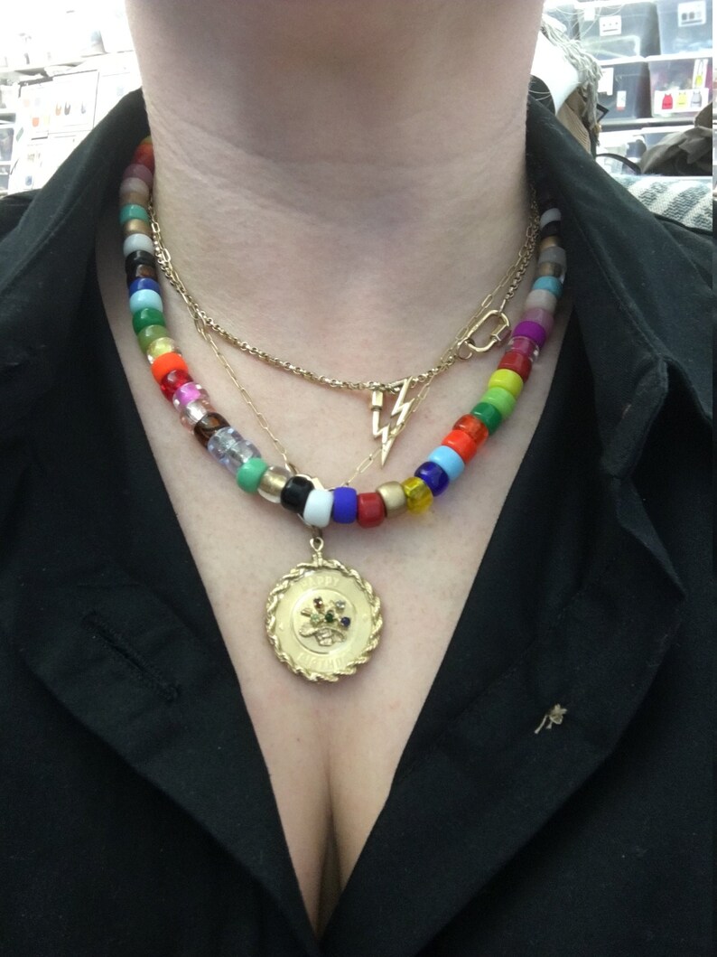 Adjustable Necklace Glass Pony Bead Necklace Big bead bracelet handmade rainbow necklace Pony Beads Big Bead Necklace 24k gold beads