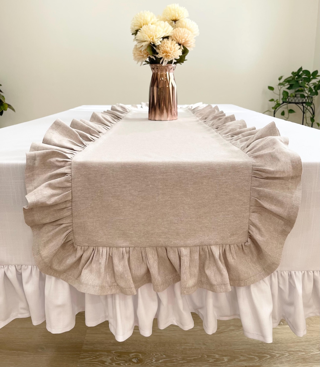 Linen Ruffle Table Runner Beige Ruffled Linen Table Runner, Farmhouse Table Decor - Etsy