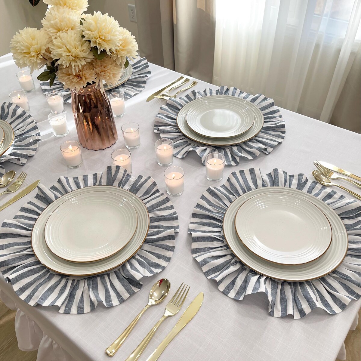 Blue Ruffled Linen Placemats, Ruffled Placemats, Table Placemat, Round Charger Plates, Holiday Table Decor, Wedding Table Setting, Placemat - Etsy