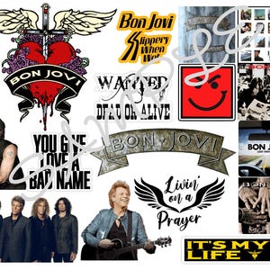 May include: A collage of Bon Jovi imagery, featuring album covers, band photos, and phrases such as "Livin' on a Prayer" and "It's My Life." The design incorporates black, white, and red elements, reflecting the band's branding.