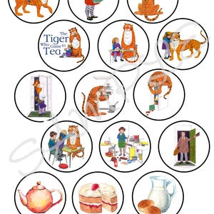 May include: A set of circular illustrations from the children's book "The Tiger Who Came to Tea". The images depict a tiger, a girl, and scenes including tea time, cooking, and a teapot. The illustrations are in a watercolour style.