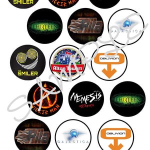 May include: A selection of circular stickers with theme park ride logos. Logos include "The Smiler," "Wicker Man," "Nemesis Reborn," "Thirteen," "Rita," "Galactica," and "Oblivion." The Alton Towers logo is also visible.