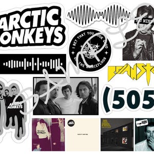 May include: A collection of Arctic Monkeys themed stickers featuring band logos, album art, song titles like 505 and Brainstorm, a Spotify code, and black and white photographs of the band members. The designs include text and graphic illustrations.