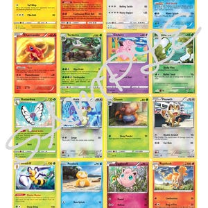 May include: A selection of Pokémon trading cards, including Pikachu, Charizard, and Squirtle. The cards display vibrant illustrations and text describing each character's abilities and stats. The cards are set against a yellow backdrop.