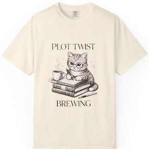 Camiseta con gato y giro argumental, camiseta para amantes de los libros y la lectura, funda para cafetera