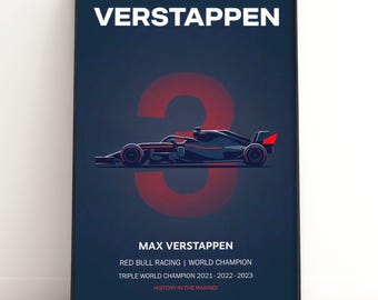 Affiche Max Verstappen F1 | Triple champion du monde | Décoration murale Red Bull Racing | Cadeau Formule 1 | Impression de sport automobile | Téléchargement numérique