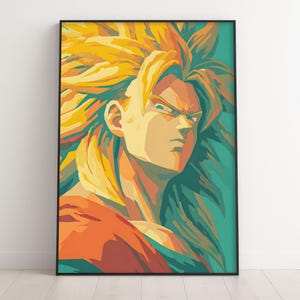 Puede incluir: Impresión artística enmarcada que presenta una ilustración estilizada de un personaje con cabello amarillo puntiagudo y una expresión decidida. La obra de arte utiliza una paleta de naranja, amarillo y verde azulado, creando un efecto visual audaz y dinámico.