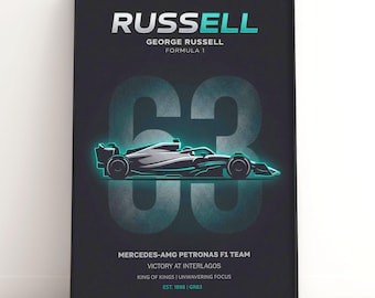 Affiche Mercedes F1 de George Russell | Impression d'art Victoire d'Interlagos | Cadeau pour fan de Formule 1 | Décoration murale de course | Téléchargement numérique