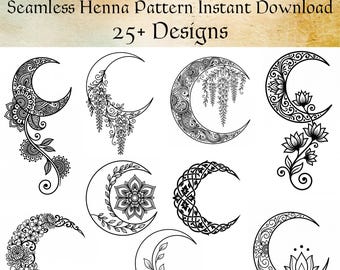 Lune céleste, plus de 25 modèles | Lune florale Mehndi | Clipart tatouage au henné | Fichiers découpés Boho Mandala croissant de lune