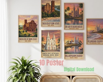 Lot d'affiches de voyage vintage des églises de l'Inde du Sud | Ensemble d'oeuvres d'art murales de galerie | Églises du Kerala Goa Tamil Nadu | Téléchargement numérique