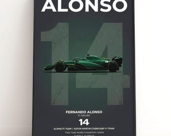 Fernando Alonso F1 | Illustrations de course Aston Martin | Impression double champion du monde | Cadeau sport automobile | Téléchargement numérique