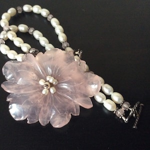 VIntage Pink Quartz Flower And Pearl Necklace