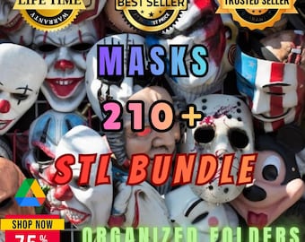 May include: A collection of various masks, including clown, horror, and character designs. The image features the text "MASKS 210+ STL BUNDLE" and promotional badges. The masks are in organized folders.