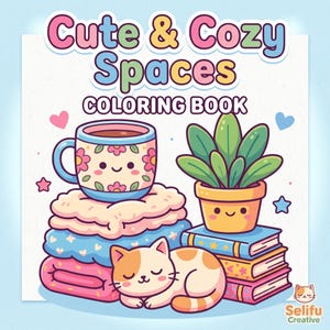 Op de afbeelding: Kleurrijke illustratie voor een kleurboek getiteld "Cute & Cozy Spaces". De afbeelding toont een stapel dekens, een mok met bloemen, een plant in een pot, een slapende kat en een stapel boeken. Het ontwerp is schattig en uitnodigend.