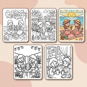 K&ouml;nnte beinhalten: F&uuml;nf Ausmalbilder mit Cartoon-Illustrationen von M&auml;dchen, die verschiedene Aktivit&auml;ten genie&szlig;en. Szenen umfassen ein Picknick, Einkaufen auf einem Markt, Entspannung am Strand und Tee trinken. Jede Seite ist schwarz umrandet.