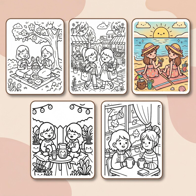 K&ouml;nnte beinhalten: F&uuml;nf Ausmalbilder mit Cartoon-Illustrationen von M&auml;dchen, die verschiedene Aktivit&auml;ten genie&szlig;en. Szenen umfassen ein Picknick, Einkaufen auf einem Markt, Entspannung am Strand und Tee trinken. Jede Seite ist schwarz umrandet.