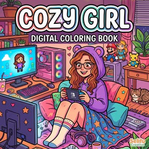 May include: Digital coloring book cover featuring a cozy girl gaming setup. The image shows a girl in a purple hoodie with bear ears, playing a Switch. The text "COZY GIRL DIGITAL COLORING BOOK" is at the top. The scene includes a computer, game consoles, and plush toys.