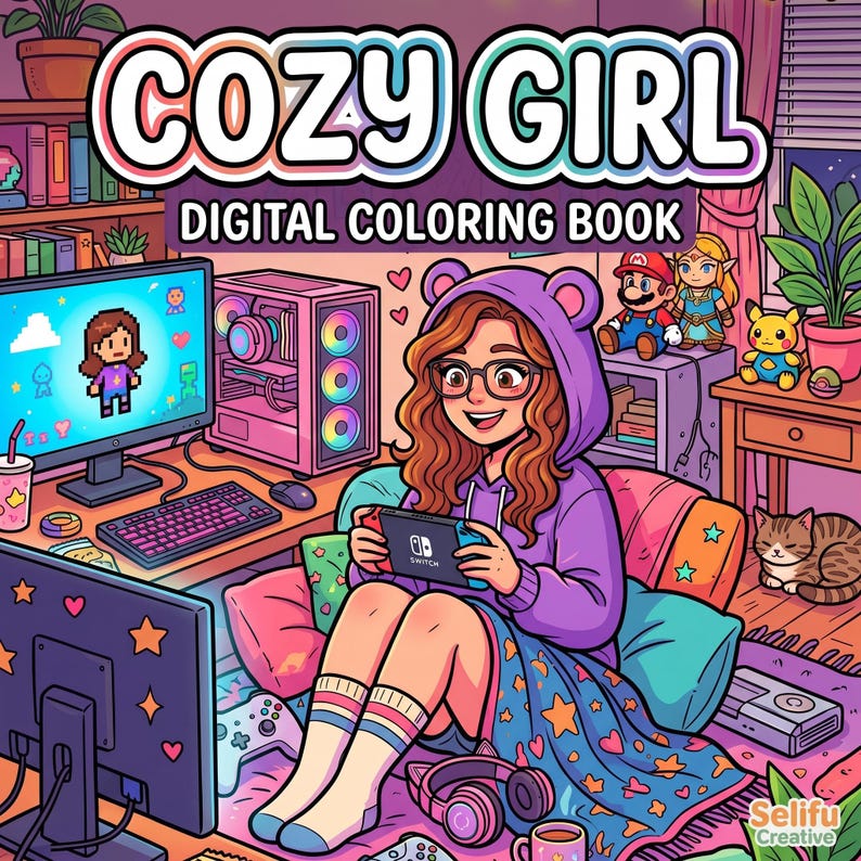 May include: Digital coloring book cover featuring a cozy girl gaming setup. The image shows a girl in a purple hoodie with bear ears, playing a Switch. The text "COZY GIRL DIGITAL COLORING BOOK" is at the top. The scene includes a computer, game consoles, and plush toys.