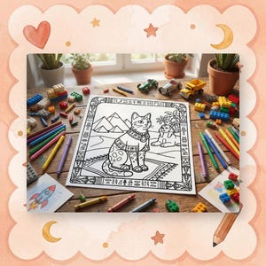 Hand coloring a printed page of a pet in a dreamy airport using bright alcohol markers on a wooden desk.