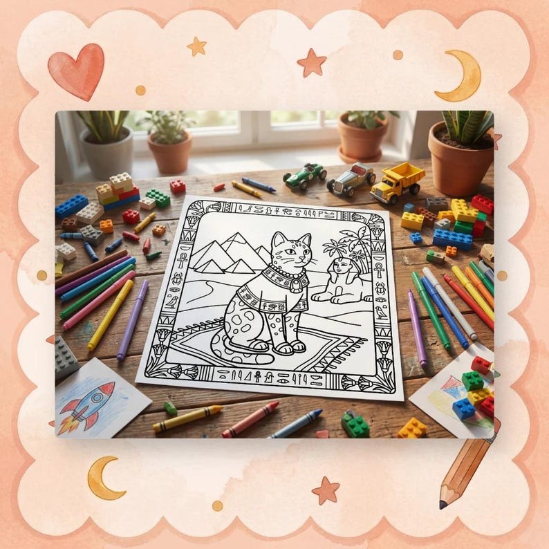 Hand coloring a printed page of a pet in a dreamy airport using bright alcohol markers on a wooden desk.