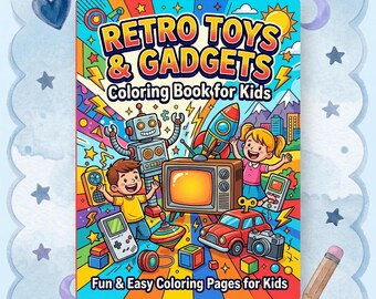 Retro Spielzeug Malbuch, Vintage Gadgets, Kinder Fun Seiten (PDF + PNG Download)