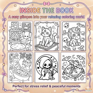 Puede incluir: Una p&aacute;gina de libro para colorear con seis ilustraciones en blanco y negro. El texto dice INSIDE THE BOOK, A cozy glimpse into your relaxing coloring world y Perfect for stress relief & peaceful moments. Las im&aacute;genes incluyen una chimenea, un gato, un unicornio, una ba&ntilde;era, la parca y una llave.