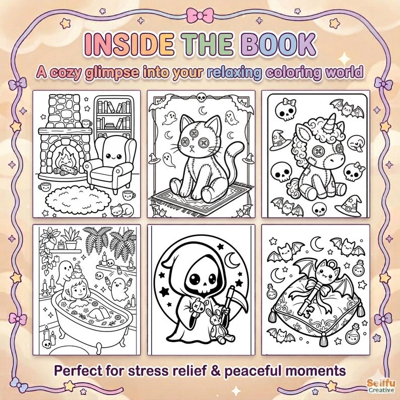 Puede incluir: Una p&aacute;gina de libro para colorear con seis ilustraciones en blanco y negro. El texto dice INSIDE THE BOOK, A cozy glimpse into your relaxing coloring world y Perfect for stress relief & peaceful moments. Las im&aacute;genes incluyen una chimenea, un gato, un unicornio, una ba&ntilde;era, la parca y una llave.