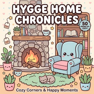 Puede incluir: Una portada de libro para colorear titulada Hygge Home Chronicles que muestra una chimenea de piedra con un fuego sonriente, un sillón azul claro, un gato durmiendo sobre una alfombra verde, una estantería y plantas con caras.
