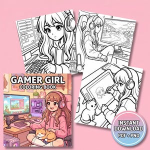 K&ouml;nnte beinhalten: Ein Gamer Girl Malbuch mit einer Titelillustration eines Charakters mit Kopfh&ouml;rern am Computer mit einer Katze, sowie drei schwarz-wei&szlig;en Ausmalbildern und einem Abzeichen mit der Aufschrift Instant Download PDF PNG.