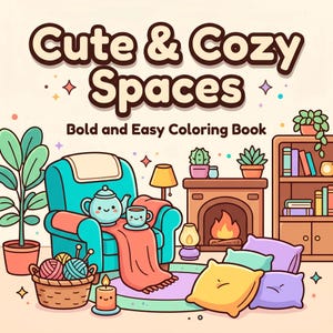 Puede incluir: Ilustración colorida de un espacio de vida acogedor, con un sillón turquesa, una chimenea y una estantería. El texto "Cute & Cozy Spaces" y "Bold and Easy Coloring Book" se muestra en la parte superior. También se ven una tetera, una taza y una cesta de lana.