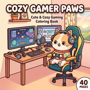 以下が含まれることがあります： COZY GAMER PAWS Cute & Cozy Gaming Coloring Bookと書かれた40 PAGESの塗り絵。表紙には、ヘッドフォンとストライプのセーターを着たオレンジと白の猫が、2台のモニターがあるデスクのゲーミングチェアに座っている様子が描かれています。