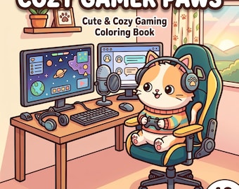 Gemütliches Gamer Pfoten Malbuch PDF PNG | Kawaii Tier Gamer Printable | Lofi Schreibtischkunst