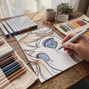 Overhead action shot of a person using pink and purple alcohol markers to color a bold-lined chibi anime character setup.