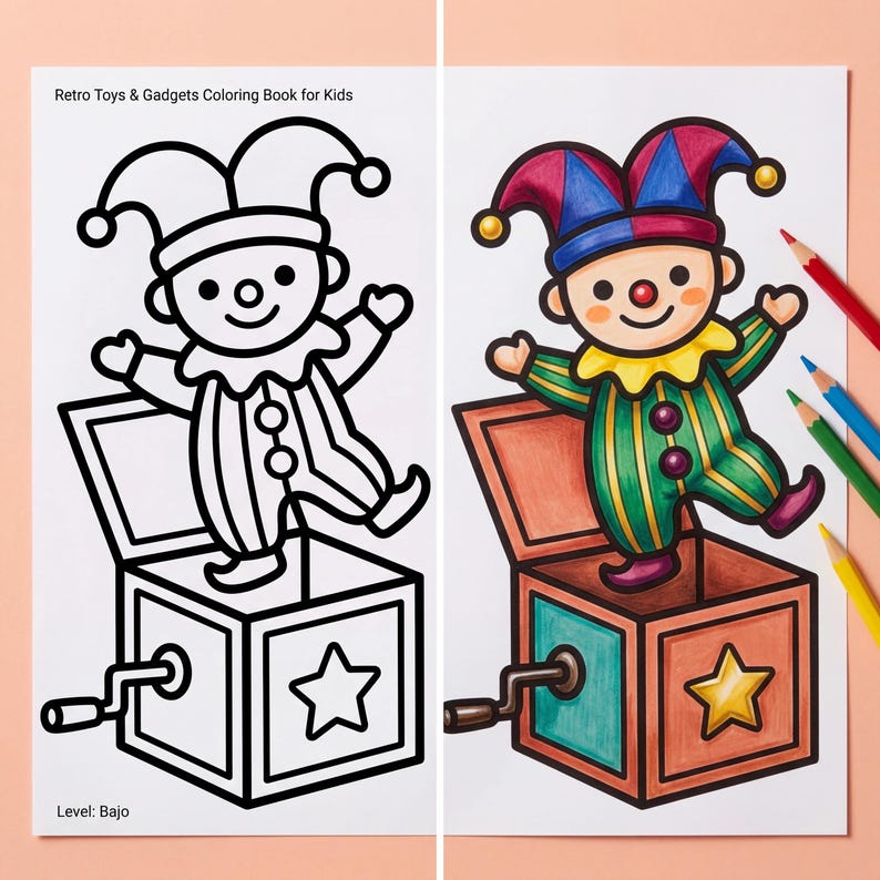 K&ouml;nnte beinhalten: Eine Malbuchseite mit dem Titel Retro Toys & Gadgets Coloring Book for Kids, die einen Springteufel mit einer Narrenfigur zeigt. Die linke Seite zeigt schwarze Umrisse, w&auml;hrend die rechte Seite in Blau, Rot, Gr&uuml;n und Gelb ausgemalt ist.