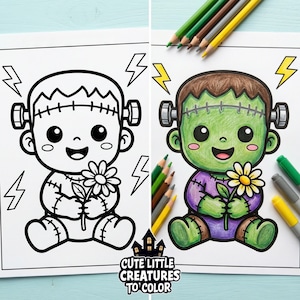 May include: A colouring page showing a cartoon Frankenstein's monster holding a flower. The image is presented in both black and white and in colour, with green skin, brown hair, and purple clothing. The text "CUTE LITTLE CREATURES TO COLOR" is at the bottom.