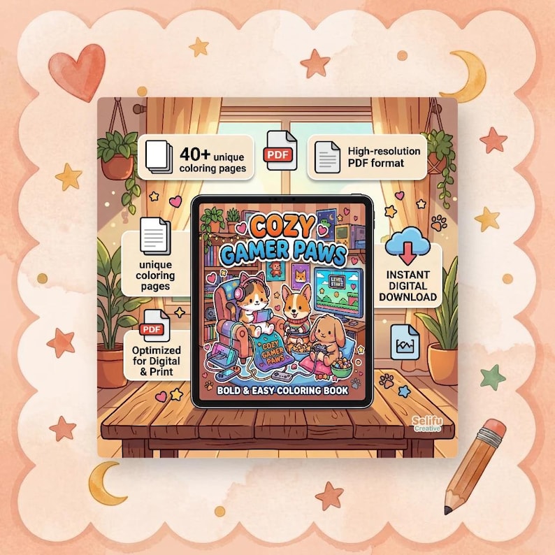 Op de afbeelding: Een digitaal kleurboek getiteld "Cozy Gamer Paws" met meer dan 40 unieke kleurplaten. De omslag toont een cartoonillustratie van drie huisdieren die gamen. Het boek is geoptimaliseerd voor digitaal en printen en direct te downloaden.