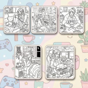 May include: A collection of five black and white illustrations depicting scenes of people gaming. Each illustration features a person in a different setting, such as a couch, a gaming chair, or a bed, with gaming consoles and cats.
