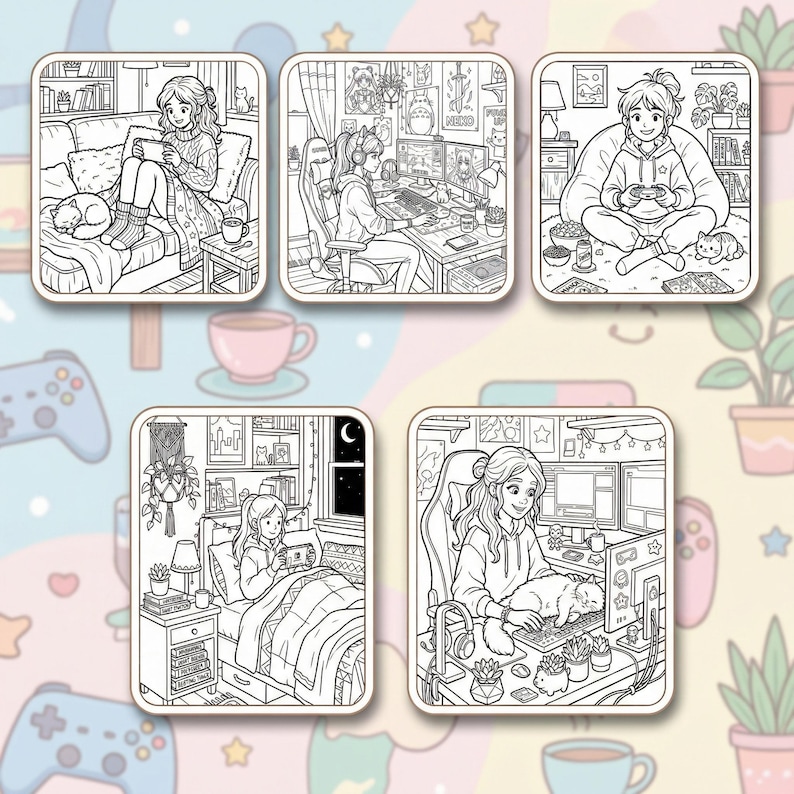 May include: A collection of five black and white illustrations depicting scenes of people gaming. Each illustration features a person in a different setting, such as a couch, a gaming chair, or a bed, with gaming consoles and cats.