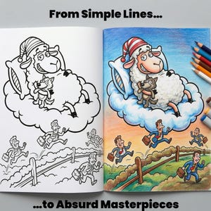 May include: A coloring book spread shows a sheep wearing a nightcap and a wolf on a cloud, with the text "From Simple Lines..." and "...to Absurd Masterpieces." The left page is a black and white outline, while the right page is colored with pencils.