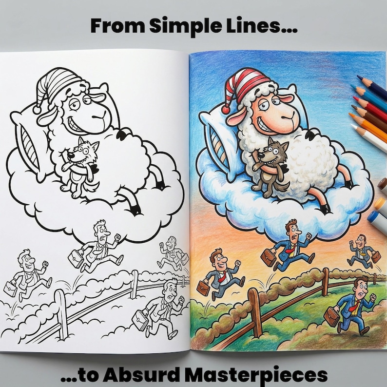 May include: A coloring book spread shows a sheep wearing a nightcap and a wolf on a cloud, with the text "From Simple Lines..." and "...to Absurd Masterpieces." The left page is a black and white outline, while the right page is colored with pencils.