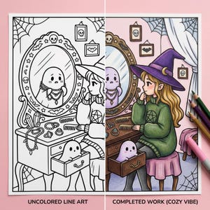May include: A split image shows a coloring page and a completed illustration. The illustration depicts a witch with blonde hair and a purple hat, seated at a vanity. A ghost is in the drawer. The mirror reflects the ghost. The text reads "UNCOLORED LINE ART" and "COMPLETED WORK (COZY VIBE)".